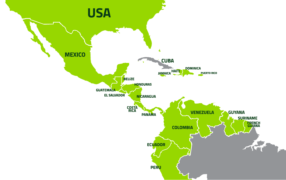 map with USA, Nicaragua, Costa Rica, Panama, and Venezuela